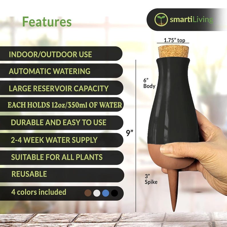 May include: Black self-watering spike for plants with a 12 ounce/350 ml capacity. The spike is 9 inches tall with a 6 inch body and a 3 inch spike. The top of the spike is 1.75 inches wide. The spike is made of durable plastic and is easy to use. It is suitable for all plants and can provide water for 2-4 weeks. The spike is available in 4 colors: brown, white, blue, and black.