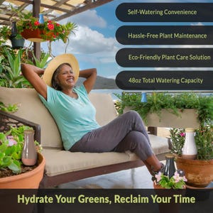 May include: A woman relaxes on a patio with a self-watering plant system. The system features a clear glass watering reservoir with a brown ceramic base. The text on the image reads "Self-Watering Convenience", "Hassle-Free Plant Maintenance", "Eco-Friendly Plant Care Solution", "48oz Total Watering Capacity", and "Hydrate Your Greens, Reclaim Your Time".