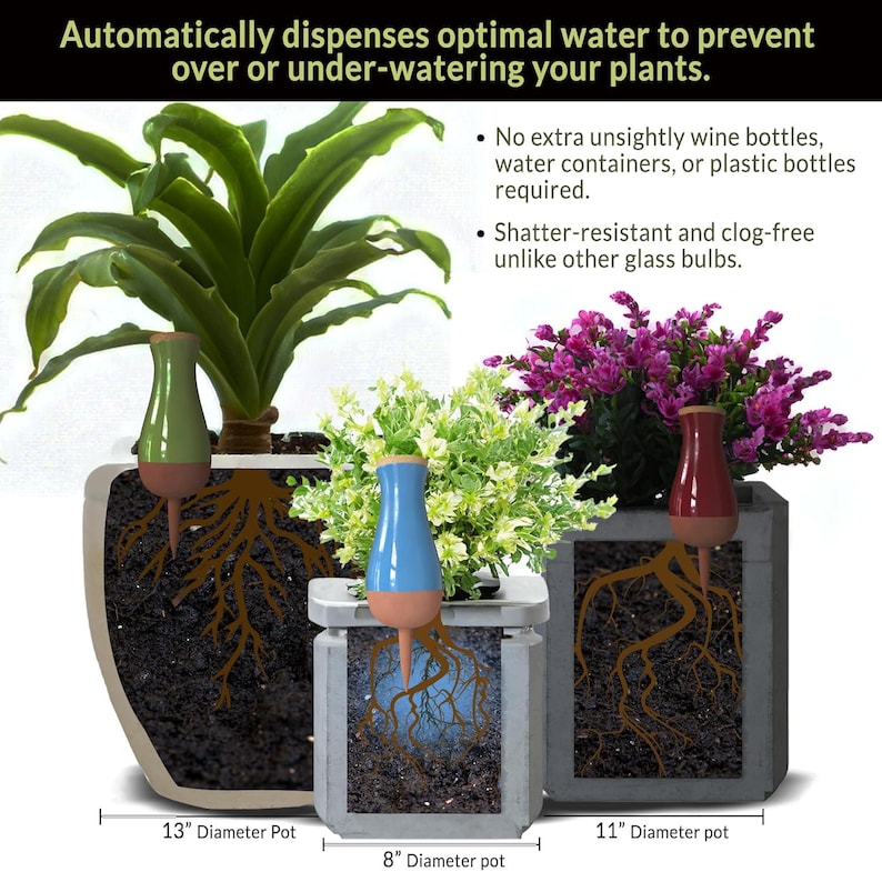 May include: Three ceramic self-watering spikes in different colors and sizes, inserted into three different sized pots with plants. The pots are 13 inches, 11 inches, and 8 inches in diameter.