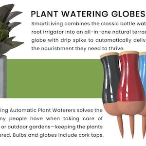 May include: Set of four terracotta plant watering globes with cork tops. The globes are in black, red, blue, and green. The globes are designed to automatically deliver water to plants.