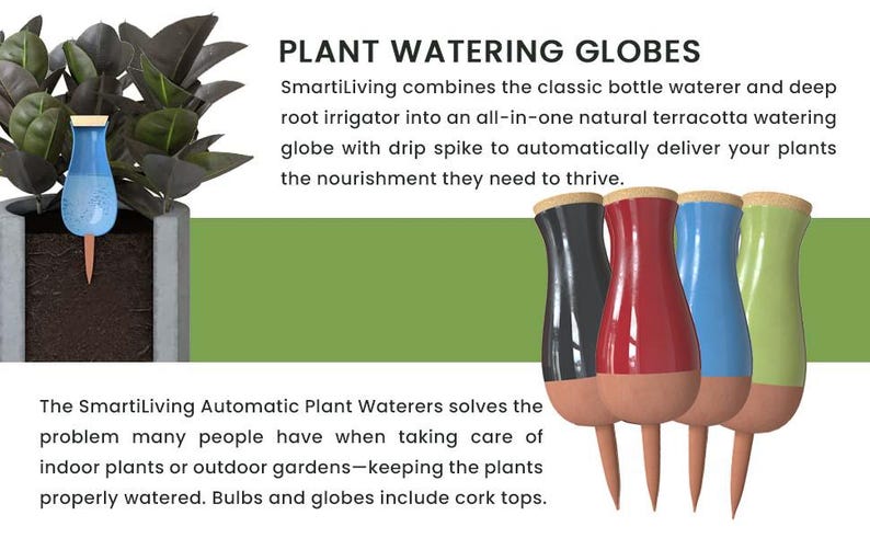 May include: Set of four terracotta plant watering globes with cork tops. The globes are in black, red, blue, and green. The globes are designed to automatically deliver water to plants.