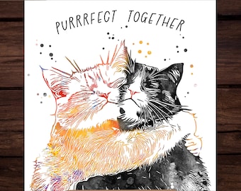 Purrrfect Together Hugging Cats Print: Minimalist Cat Couple Art (Digital Download)