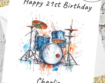 Personalized Drummer Birthday Card: Watercolor Drums (Digital Download)