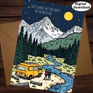Cartão de aniversário de aventura para download digital para casal apaixonado, cartão-presente para acampamento com paisagem de montanha, a vida com você é uma aventura