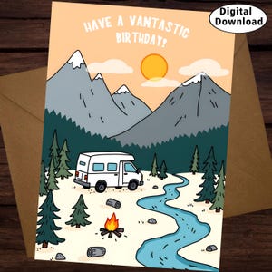 Carte d'anniversaire fantastique, camping-car drôle, voeux d'anniversaire, aventure, téléchargement numérique pour les amoureux de la vie en van