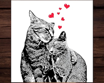 Hugging Cats Card Minimalist Black and White Cat Couple Illustration (Digital Download)