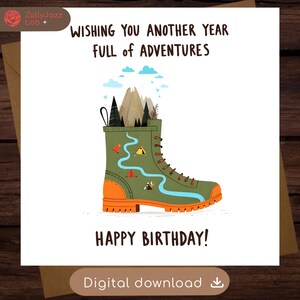 Hiking Birthday Card Outdoor Adventure Card with Mountains for Hiker Unique Happy Birthday Digital Download Adventure Card