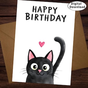 Jolie carte d'anniversaire de chat noir, carte de voeux de chat drôle, chat kawaii avec coeur, carte d'anniversaire imprimable pour les amoureux des chats, téléchargement numérique