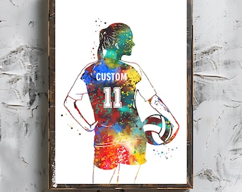 Personalized Volleyball Girl Watercolor Art Print (Digital Download)
