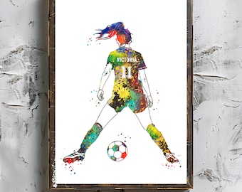 Personalized Soccer Girl Watercolor Art Print (Digital Download)