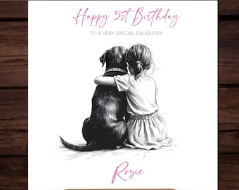Personalized Little Girl with Labrador Dog Sketch Art Birthday Card (Digital Download)