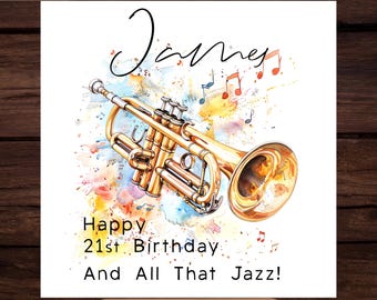 Watercolor Trumpet Birthday Card: Personalized Jazz Music (Digital Download)