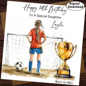Personalisierte Fußball Geburtstagskarte Aquarell Tochter Enkelin Bester Freund 9 18 21. Digitaler Download Mädchen Fußball Fußballspieler