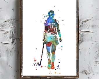 Personalized Field Hockey Girl Watercolor Art Print (Digital Download)