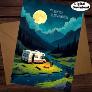Tarjeta de felicitación de aniversario de aventura con descarga digital para pareja, amante, paisaje de montaña, campista, tarjeta de regalo. La vida contigo es una aventura.