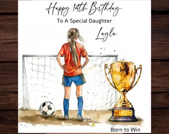 Personalized Watercolor Girl Soccer Birthday Card (Digital Download)