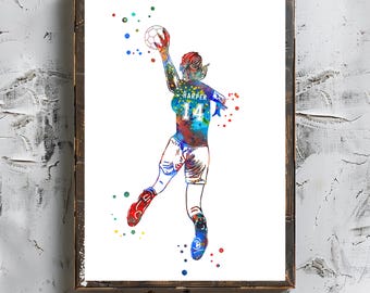 Handball Player Girl Watercolor Art: Personalized Sport Print (Digital Download)
