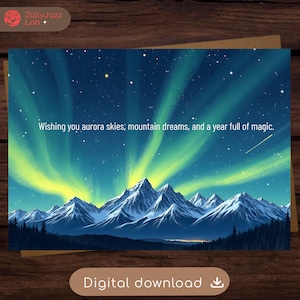 Cartão de felicitações Aurora Boreal Cartão de céu noturno com luzes do norte Paisagem florestal Cartão de aniversário para impressão para amantes da natureza Download digital