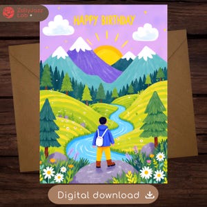 Cartão de aniversário para caminhada na montanha, cartão de felicitações para caminhadas inspirado na natureza, cartão de aniversário para aventura ao ar livre para ele ou ela, cartão digital