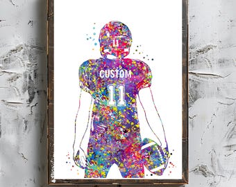 Personalized Football Player Watercolor Art Print (Digital Download)