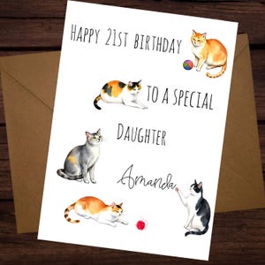 Carte d'anniversaire personnalisée pour chat, chats aquarelles avec nom et âge, cadeau d'anniversaire personnalisé pour les amoureux des chats, voeux imprimable mignon