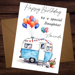 Carte d'anniversaire personnalisée pour fille, fils, camping-car vintage avec ballons, âge et nom personnalisés, jolie carte de voyage aquarelle