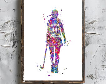 Personalized Field Hockey Girl Watercolor Art Print (Digital Download)