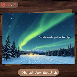 Cartão de felicitações Aurora Boreal Cartão de céu noturno com luzes do norte Paisagem florestal Cartão de aniversário para impressão para amantes da natureza Download digital