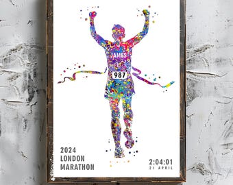 Marathon Runner Watercolor Art: Personalized Name & Number (Digital Download)