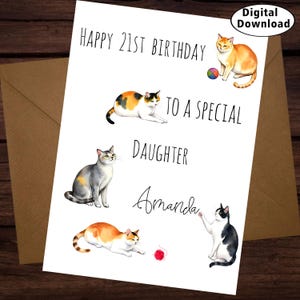 Carte d'anniversaire personnalisée chat pour fille et soeur, tout âge, carte d'anniversaire avec chats, nom personnalisé, carte pour amoureux des chats, carte imprimable numérique