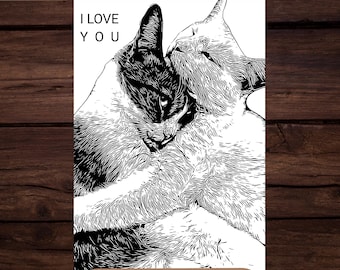 Hugging Cats Print: Minimalist Black and White Cat Couple Art (Digital Download)