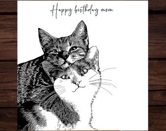 Mother and Kitten Art Print: Monochrome Cat Lover Gift (Digital Download