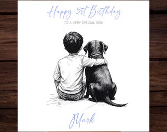 Personalized Little Boy with Golden Labrador Dog Sketch Art Birthday Card (Digital Download)
