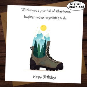 Hiking Birthday Card Outdoor Adventure Card with Mountains for Hiker Unique Happy Birthday Digital Download