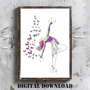 May include: A colorful watercolor painting of a dancer with butterflies flying around her. The dancer is in a pose with her arms outstretched and her legs bent. The butterflies are in various shades of blue, purple, pink, and green.