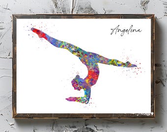 Gymnastics Girl Watercolor Art Print: Personalized Name (Digital Download)