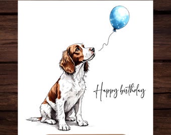 Springer Spaniel Birthday Card, Dog with Balloon (Digital Card)