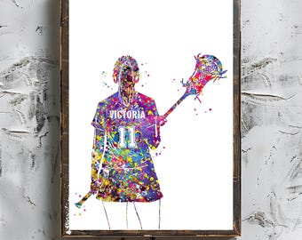 May include: A watercolor painting of a lacrosse player with a colorful, splatter paint design. The player is wearing a jersey with the name "VICTORIA" and the number "11" on it.