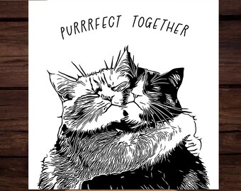 Purrrfect Together Hugging Cats Print: Minimalist Black and White Cat Couple Art (Digital Download)
