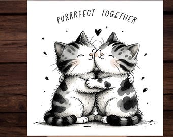 Purrrfect Together Hugging Cats Print: Minimalist Cat Couple Art (Digital Download)