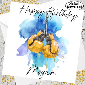 Personalized Boxing Gloves Birthday Card For Daughter Brother Custom Name Digital Download Boxing Card Kick Box Yellow Boxing Gloves