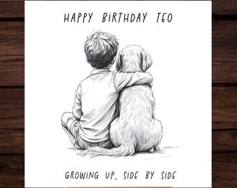 Personalized Little Boy with Golden Retriever Dog Sketch Art Birthday Card (Digital Download)