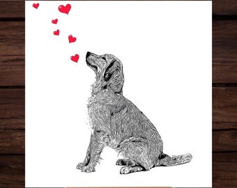 Golden Retriever Valentine Card Black Dog with Red Hearts (Digital Download)
