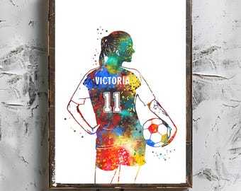 Personalized Soccer Girl Watercolor Art Print (Digital Download)