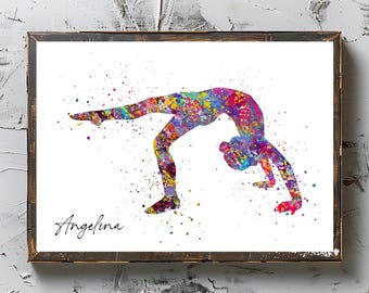 Personalized Gymnastics Girl Watercolor Art Print (Digital Download)