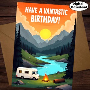 Tarjeta de cumpleaños fantástica. Divertida tarjeta de felicitación de cumpleaños de aventura en furgoneta. Descarga digital para los amantes de la vida en furgoneta.