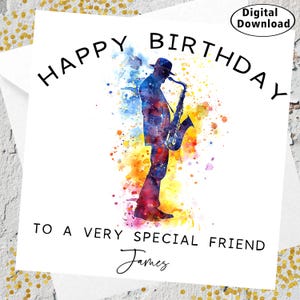 Cartão de aniversário de saxofone, música, cartão de aniversário exclusivo personalizado, download digital, nome personalizado, cartão de jazz em aquarela, músico de jazz