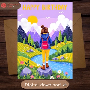 Cartão de aniversário para caminhada na montanha, cartão de felicitações para caminhadas inspirado na natureza, cartão de aniversário para aventura ao ar livre para ele ou ela, cartão digital