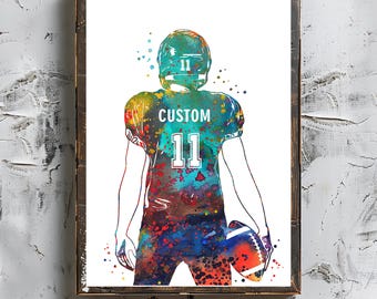 Personalized Football Player Watercolor Art Print (Digital Download)