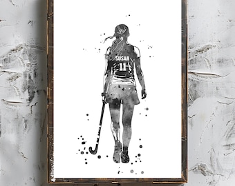 Personalized Field Hockey Girl Watercolor Art Print (Digital Download)